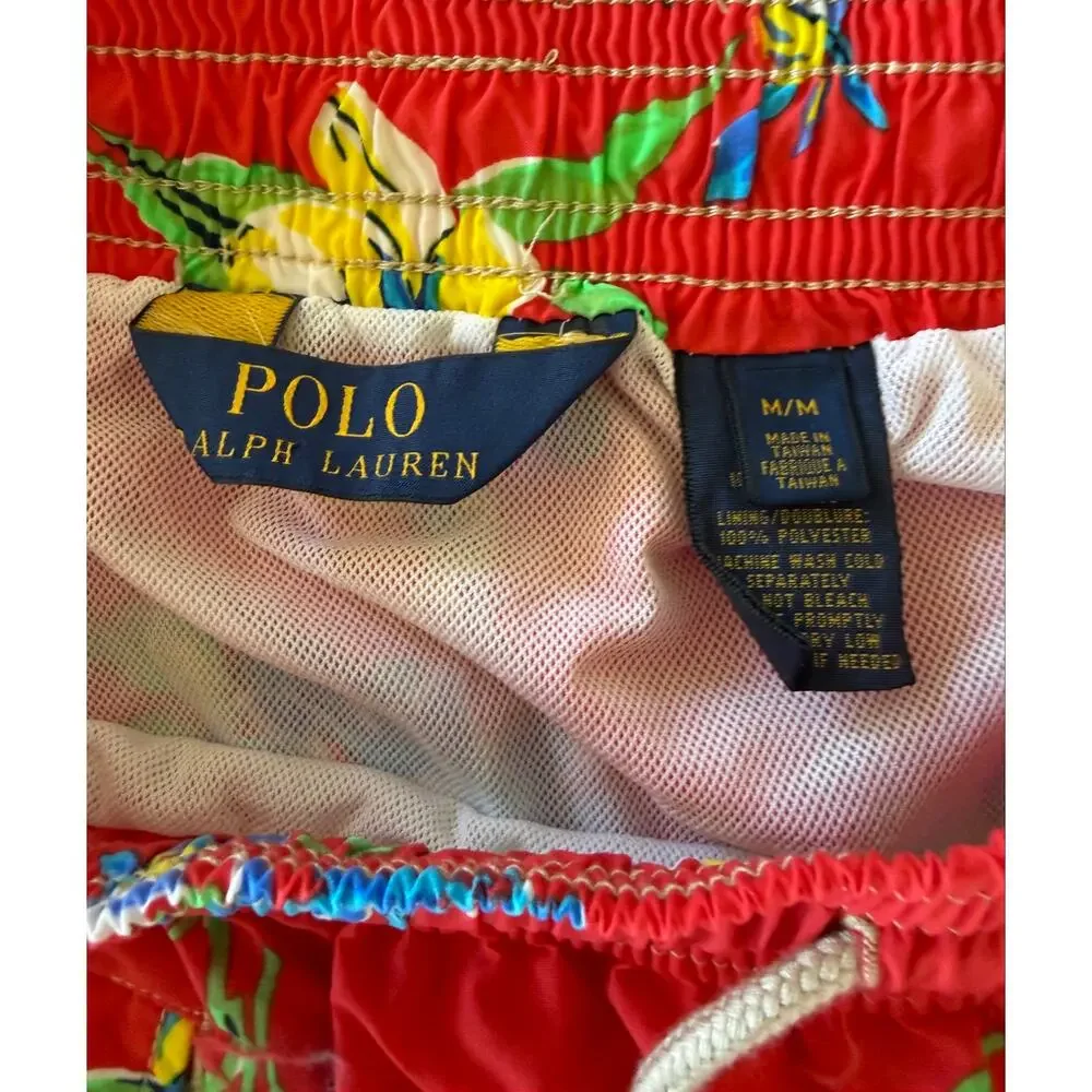 Vintage 90s Polo Ralph Lauren Swim Trunks Shorts Mens Medium M Red Floral Hawaii